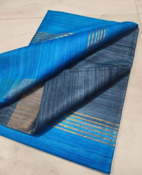 Pure Tussar Ghicha Silk Saree with Golden Zari Border & Running Blouse - Dual Dye Elegance