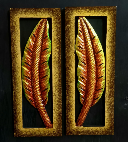 HANDMADE WOODEN WALL DECOR -SET OF 2 FIERY ORANGE LEAF DESIGN