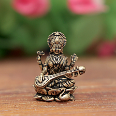  Brass Saraswati Maa Small Murti for Study Table, Home Temple & Gift, BH12376
