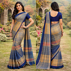 Gamcha saree with basket design Blue & white