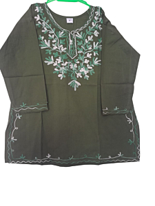 Hand-Emborided Pure Cotton Kurti for Kids | Khakhi Green
