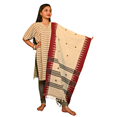 Authentic Kotpad Handwoven Cotton Dupatta | Off-White with Maroon Border & Tribal Motifs | Natural Dye | Koraput Odisha