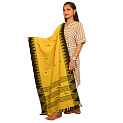 Authentic Kotpad Handwoven Cotton Dupatta | Mustard Yellow with Black Tribal Motifs & Striped Pallu | Koraput Odisha