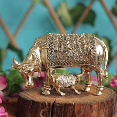 Brass Cow & Calf Idol Kamdhenu Gau Mata Statue for Home Temple & Vastu Decor BH11366