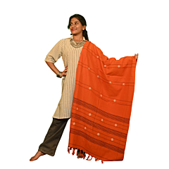 Authentic Kotpad Cotton Dupatta | Burnt Orange with Tribal Motifs & Woven Stripes | Handwoven Koraput Odisha