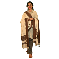 Authentic Kotpad Handwoven Pata Silk Dupatta | Natural Beige with Brown Geometric Border | Tribal Craft from Koraput, Odisha