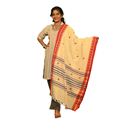 Authentic Kotpad Handwoven Tussar Dupatta | Natural Beige with Red Tribal Border & Geometric Motifs | Odisha Handloom