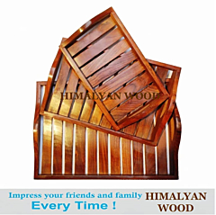 Set of 3 Wooden Serving Trays with Handles - Rustic Nesting Trays, Stackable Rectangular Platters for Cakes, Snacks, Breakfast & Coffee Table - Perfect for Parties & Home Decor