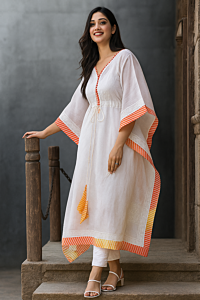 Women Cotton Kaftan Kurti | Stylish White Printed Kaftan Dress | Loose Fit Summer Wear | Comfortable Ethnic Wear for Women