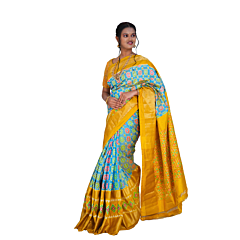 Pochampally Ikat Flower Pattern Silk Saree Gold & Blue Handloom