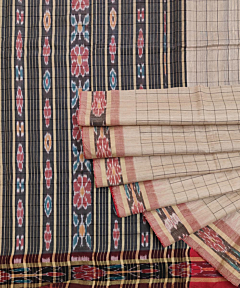 Beige Black Sambalpuri Handwoven Ikat Border Tussar Silk Saree SFTSAR1511