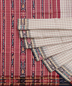Beige Red Sambalpuri Handwoven Ikat Border Tussar Silk Saree SFTSAR1513