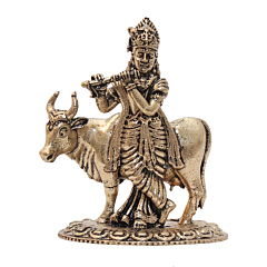 Mini Brass Krishna with Cow Idol for Home Temple & Gift BH12437