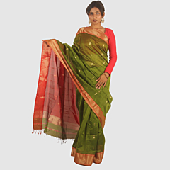 Olive Green Maheshwari Silk Saree with Diamond Border and Khat Buti