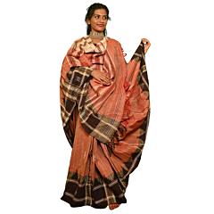 Authentic Kotpad Traditional Tussar Silk Saree | Warm Rust with Ivory Tribal Motifs & Woven Striped Pallu | Handwoven by Koraput Tribal Artisans