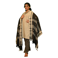 Authentic Kotpad Traditional Cotton Dupatta | Off-White with Maroon & Black Tribal Motifs & Woven Striped Borders | Handwoven by Koraput Tribal Artisans