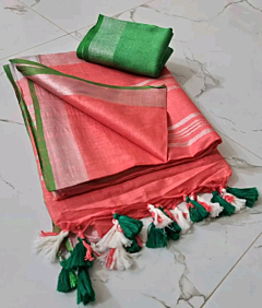 Coral Pink Cotton Saree with Silver Zari Border