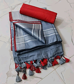 Grey Linen Cotton Saree with Silver Zari Border