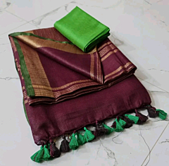 Maroon Cotton Saree with Silver Zari Border