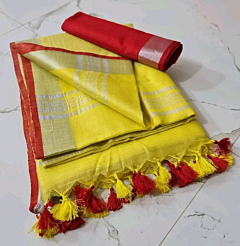Yellow Cotton Saree with Silver Zari Border