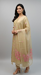 Golden Uppada Silk Dress with Pink Floral Work