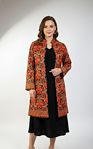 Black Long Woolen Jacket with Red-Orange Embroidery