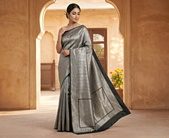 Handwoven Brocade Mulberry Silk Saree| Silver