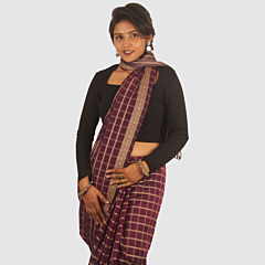 Wine Maroon Maheshwari Silk Cotton Saree with Golden Checkered Pattern and Zari Border