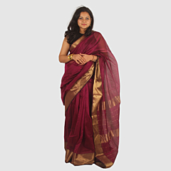 Elegant Wine Maroon Maheshwari Handloom Silk Cotton Saree with Gold Zari Border