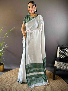 Elegant Semi Linen Saree with Silver Zari Border | White & Green