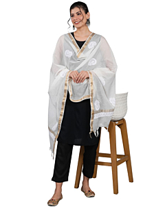 Firgun White Lucknowi Chikankari Dupatta in Soft Kota Cotton - Dyeable Fabric