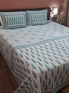 Chaap Blue Paisley Hand Block Quilted  Bedcover with Quilted Pillow Covers