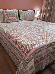 Chaap Gulbahar Garden Hand Block Printed Bed Cover Set with Quilted Pillow Covers