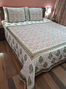 Chaap Vrinda Bloom Hand Block Printed Quilted Bed Cover Set with Quilted pillow Covers