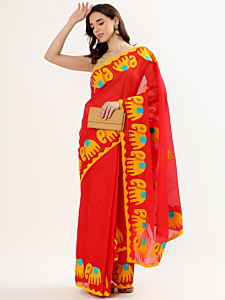 Applique Work Women Red Cotton Mulmul Saree, Without Blouse