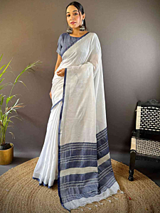 Elegant Semi Linen Saree with Silver Zari Border | White & Blue