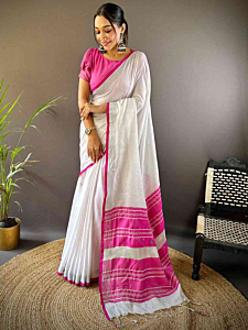 Elegant Semi Linen Saree with Silver Zari Border | White & Pink