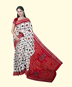 White Red Sambalpuri Handwoven Single Ikat Cotton Saree SFCSAR2257