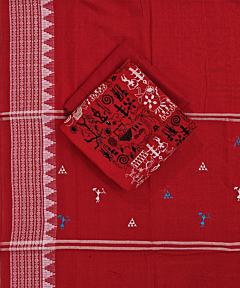 Red Sambalpuri Handwoven Double Ikat Suit SFCSUT2325