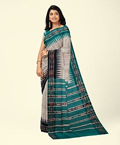 Beige Sambalpuri Handwoven Ikat Border Tussar Silk Saree SFTSAR2337