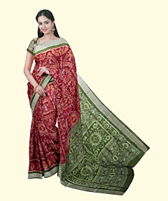 Maroon Green Sambalpuri Handwoven Ikat Silk Saree SFSSAR2342