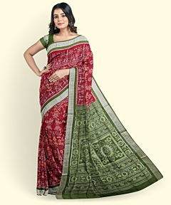 Red Green Sambalpuri Handwoven Ikat Silk Saree SFSSAR2349
