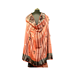 Authentic Kotpad Tradiotional Tussar Silk Saree | Rust Red with Black Tribal Motifs & Striped Pallu | Handwoven by Koraput Tribal Artisans