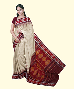 Beige Maroon Sambalpuri Handwoven Single Ikat Cotton Saree SFCSAR2445