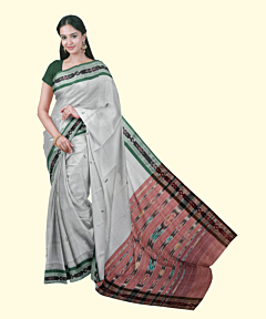 Grey Green Sambalpuri Handwoven Single Ikat Cotton Saree SFCSAR2447