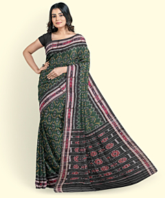 Green Black Sambalpuri Handwoven Single Ikat Cotton Saree SFCSAR2448