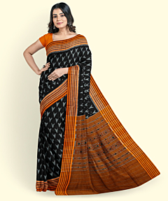 Black Orange Sambalpuri Handwoven Single Ikat Cotton Saree SFCSAR245