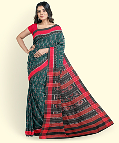 Green Red Sambalpuri Handwoven Single Ikat Cotton Saree SFCSAR2454