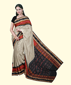 Beige Black Sambalpuri Handwoven Single Ikat Cotton  Saree SFCSAR2459