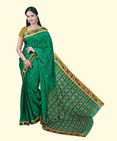 Green Sambalpuri Handwoven Single Ikat Cotton Saree SFCSAR2461